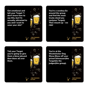 Detail van vier zwarte partygamekaarten met witte tekst en illustraties van bierpullen