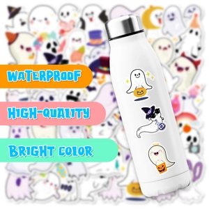 Waterproof Halloween ghost stickers applied on white bottle with bright colors