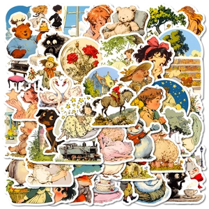 Retro Pastoral Illustration Stickers Waterproof PVC Decals For Laptop Helmet Luggage DIY Decoration Kids Gift Collection