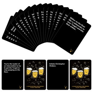 Interactieve party drinkspel kaartset met zwart ontwerp en grappige opdrachten