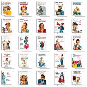 Set of 25 retro Pop-Art style birthday greeting cards with humorous illustrations