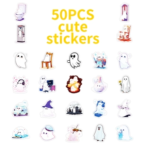 Detail grid of 50 cute cartoon ghost stickers for laptop and phone decoration