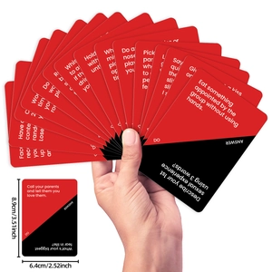 Detailed size dimensions for truth or dare party game cards with red and black design