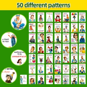 Detailed grid view of 50 vintage cartoon birthday greeting cards with humorous quotes