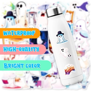 Detail of waterproof cartoon ghost stickers applied on a white stainless steel bottle