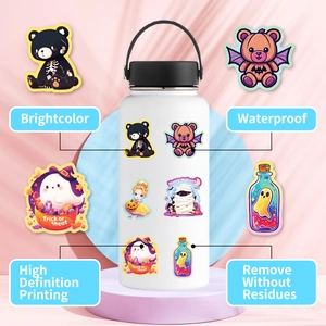 Waterproof Halloween cute stickers on a white water bottle with ghost and pumpkin designs