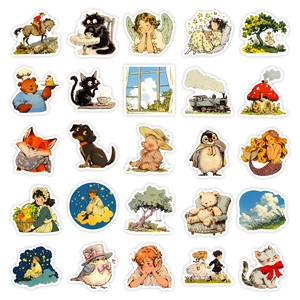 50 pieces of vintage pastoral cartoon stickers for laptops and helmets with retro art style