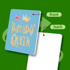 Dettaglio fronte e retro delle cartoline Birthday Queen con lecca-lecca e corona