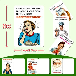 Pop-art birthday greeting cards showing multiple retro comic styles and size dimensions
