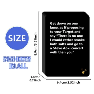 Infographic met 50 vellen gezelschapsspelkaarten met afmetingen 8,9cm x 6,4cm x 1,8cm