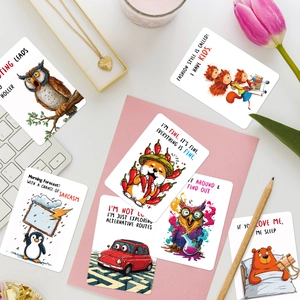 Set de 50 tarjetas con ilustraciones de animales y citas humorísticas en inglés