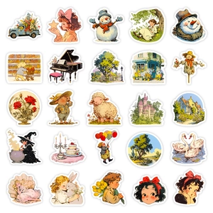 Set of 50 vintage pastoral cartoon graffiti stickers with nostalgic watercolor designs