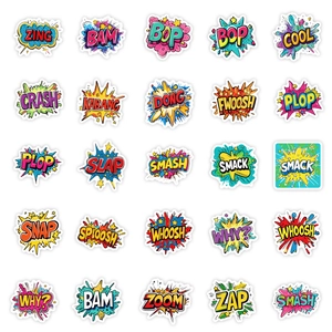 Detalle de 25 pegatinas de explosiones de cómics pop art con onomatopeyas coloridas
