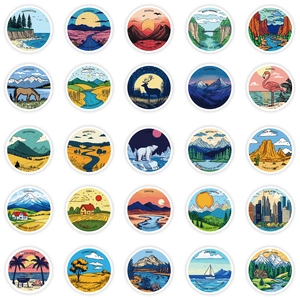 Grille de 25 autocollants de voyage vintage illustrant paysages et nature des États-Unis
