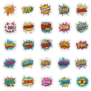 Vista macro de 25 pegatinas de dibujos animados pop art con textos de boom y pow