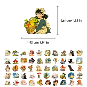 Set of 50 vintage pastoral cartoon stickers with animal and girl hand-drawn patterns
