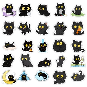Set de 50 autocollants de chats noirs mignons aux grands yeux jaunes pour ordinateurs