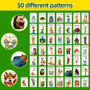 Vista detallada de 50 tarjetas de animales humorísticos con frases ilustradas en inglés