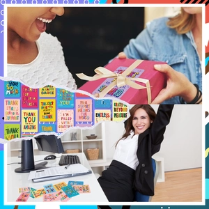 Colorful graffiti-style thank you cards with various motivational English phrases