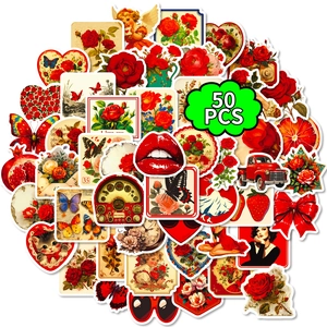Pack of 50 vintage rose stickers featuring butterflies, angels, and classic cars for DIY decor