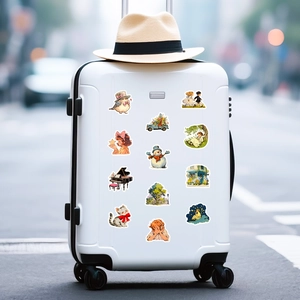 Cartoon pastoral stickers on a white suitcase with a stylish summer hat in street view