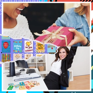 Collage di biglietti di auguri colorati per ragazzi e regine con etichette regalo