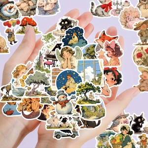 Close-up of vintage fairytale cartoon stickers with white borders for scrapbooking deco