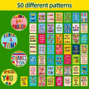 Detailed grid view of 50 colorful graffiti-style thank you cards with various hand-drawn text