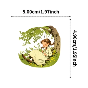 Detail showing pastoral cartoon sticker size measurements of girl on a tree swing