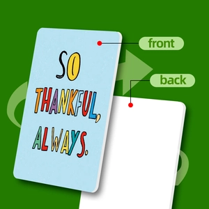 Detail view of the colorful doodle art thank you card showing both front and back sides