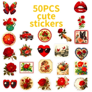 50pcs vintage red rose stickers with floral motifs and retro designs for DIY decoration