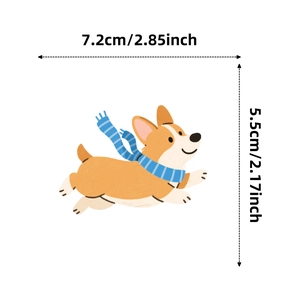 Cartoon-Corgi-Aufkleber mit Schal und Maßen 7,2 cm x 5,5 cm auf weißem Hintergrund gezeigt