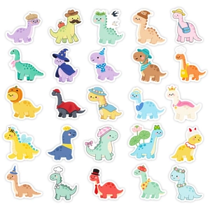 Set mit 25 süßen Cartoon-Dinosaurier-Aufklebern mit Hüten in bunten Macaron-Farben