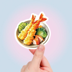 Primer plano de pegatinas realistas de tempura y sushi para decoración creativa DIY