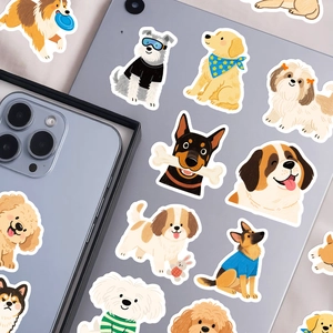 Niedliche Cartoon-Hundeaufkleber auf Tablet und Handy als dekorative Laptop-Sticker