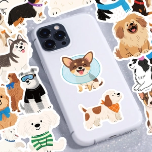 Detailansicht süßer handgezeichneter Hundeaufkleber auf einer Handy-Rückseite