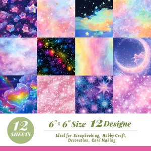 12-pack of 6x6 inch sparkling star scrapbooking paper with purple dreamlike galaxy designs
