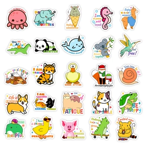Grid layout of 25 cute cartoon animal stickers with motivational English phrases