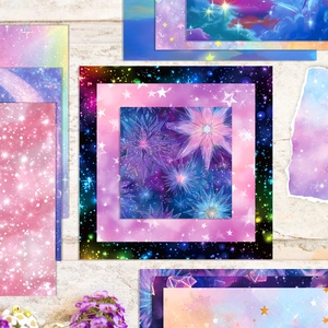 Starry and floral scrapbooking paper set in shades of purple for DIY background