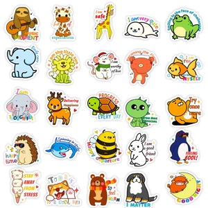 Set of 25 cute cartoon animal stickers with motivational English quotes on white background