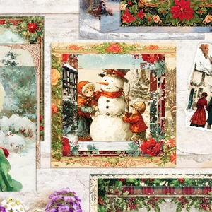 Vintage Victorian winter scrapbooking paper set with snowman and retro scenery designs