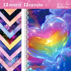 Detail of 12 sheets of 6x6 inch purple galaxy and heart star scrapbooking paper