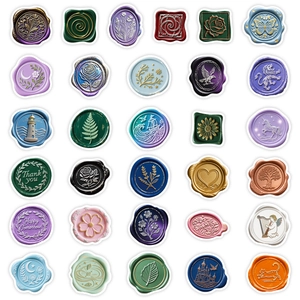 Vintage wax seal sticker set with 30 assorted floral and animal designs in metallic colors