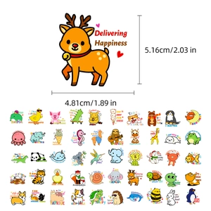 Close-up of cute cartoon animal stickers with motivational quotes and size dimensions