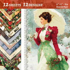 Detail view of Victorian winter scrapbooking paper with 12 vintage floral and art designs