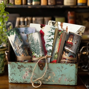 Detailed view of vintage Victorian winter papers in a rustic light blue metal storage box