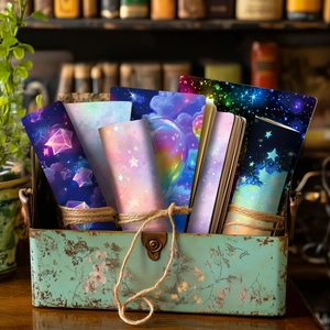 Close-up of galaxy themed craft paper set with nebula patterns in vintage metal box