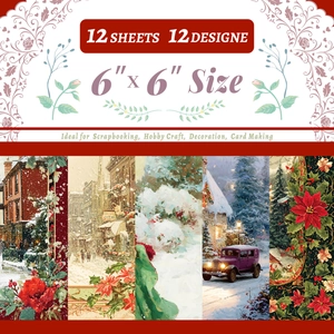 Detail view of 6x6 inch vintage winter scrapbook paper with 12 unique festive designs