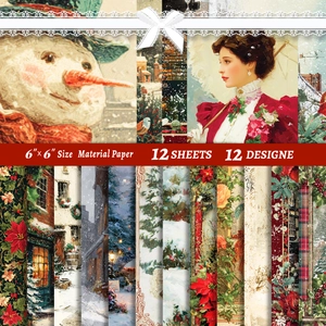 12-pack 6x6 inch Victorian winter scrapbook paper set with vintage holiday designs