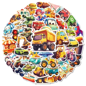 50 pieces cartoon transport stickers set with excavators and trucks for kids luggage